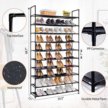 Apicizon 10 Tiers Shoe Rack, 50 Pairs Shoe Storage Organizer, Non-Woven Fabric Metal Shelf Tower for Closet/Entryway/Garage, Black