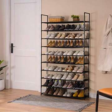 Apicizon 10 Tiers Shoe Rack, 50 Pairs Shoe Storage Organizer, Non-Woven Fabric Metal Shelf Tower for Closet/Entryway/Garage, Black