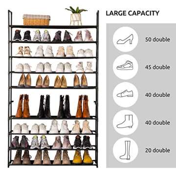 Apicizon 10 Tiers Shoe Rack, 50 Pairs Shoe Storage Organizer, Non-Woven Fabric Metal Shelf Tower for Closet/Entryway/Garage, Black