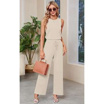 Sarin Mathews Air Essentials Jumpsuits for Women Casual Wide Leg Long Pants Jumpsuit Sleeveless Belted Rompers with Pockets Apricot XL