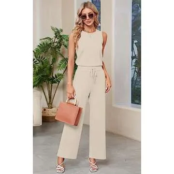 Sarin Mathews Air Essentials Jumpsuits for Women Casual Wide Leg Long Pants Jumpsuit Sleeveless Belted Rompers with Pockets Apricot XL