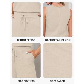 Sarin Mathews Air Essentials Jumpsuits for Women Casual Wide Leg Long Pants Jumpsuit Sleeveless Belted Rompers with Pockets Apricot XL