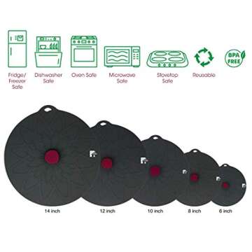 HOGOWARE Set of 5 Premium Silicone Lids for Bowls and Food Covers - 6, 8, 10, 12, 13.5" – Dark Gray Suction Lid - Reusable - Microwave Airtight Seal Lid Covers for Pots, Pans, Bowls, Cups, Skillets