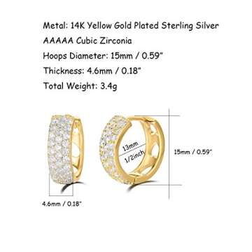 Carleen 925 Sterling Silver Hoop Earrings 14K Gold Plated Pave Set Cubic Zirconia CZ Simulated Diamond Small Thick Sparkle Fine Jewelry Birthday Gifts for Women, Diameter 15mm Width 5mm