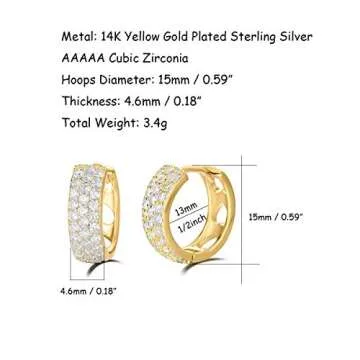Carleen 925 Sterling Silver Hoop Earrings 14K Gold Plated Pave Set Cubic Zirconia CZ Simulated Diamond Small Thick Sparkle Fine Jewelry Birthday Gifts for Women, Diameter 15mm Width 5mm