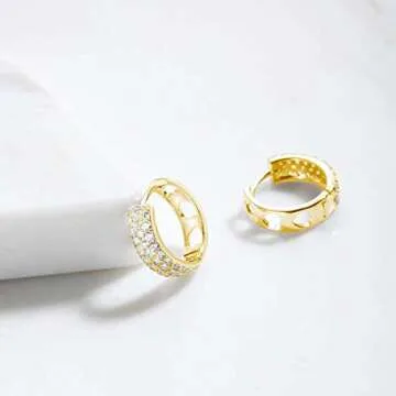 Carleen 925 Sterling Silver Hoop Earrings 14K Gold Plated Pave Set Cubic Zirconia CZ Simulated Diamond Small Thick Sparkle Fine Jewelry Birthday Gifts for Women, Diameter 15mm Width 5mm