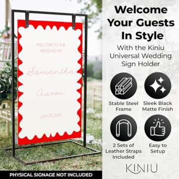 Black Wedding Easel Stand for Sign Board, 50x30x20 Welcome To Our Wedding Sign Display Stand w/ Design Bundle & Leather Straps for Hanging, Matte Steel Frame, Heavy Duty Easel Stand Welcome Sign Wedding Decoration