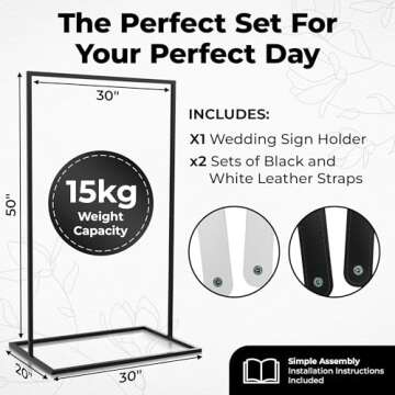 Black Wedding Easel Stand for Sign Board, 50x30x20 Welcome To Our Wedding Sign Display Stand w/ Design Bundle & Leather Straps for Hanging, Matte Steel Frame, Heavy Duty Easel Stand Welcome Sign Wedding Decoration