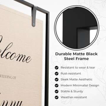 Black Wedding Easel Stand for Sign Board, 50x30x20 Welcome To Our Wedding Sign Display Stand w/ Design Bundle & Leather Straps for Hanging, Matte Steel Frame, Heavy Duty Easel Stand Welcome Sign Wedding Decoration
