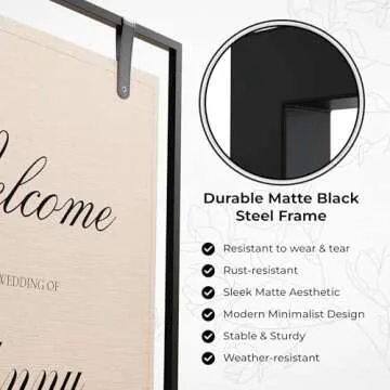 Black Wedding Easel Stand for Sign Board, 50x30x20 Welcome To Our Wedding Sign Display Stand w/ Design Bundle & Leather Straps for Hanging, Matte Steel Frame, Heavy Duty Easel Stand Welcome Sign Wedding Decoration