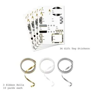Hallmark Reversible Wrapping Paper Bundle with Ribbon & Gift Tag Stickers - Black, Gold Stripes, Plaid (3 Pack, 120 sq. ft. TTL, 30 Yds. Mini Ribbon, 36 Labels) for Graduations, Weddings, Christmas