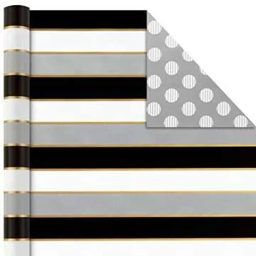 Hallmark Reversible Wrapping Paper Bundle with Ribbon & Gift Tag Stickers - Black, Gold Stripes, Plaid (3 Pack, 120 sq. ft. TTL, 30 Yds. Mini Ribbon, 36 Labels) for Graduations, Weddings, Christmas