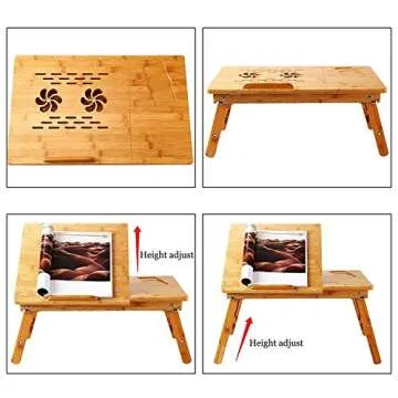 Nnewvante Laptop Desk Super Top Laptop Table 100% Bamboo Desk Adjustable with USB Fan2 Foldable Breakfast Serving Bed Tray Drawer