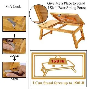 Nnewvante Laptop Desk Super Top Laptop Table 100% Bamboo Desk Adjustable with USB Fan2 Foldable Breakfast Serving Bed Tray Drawer