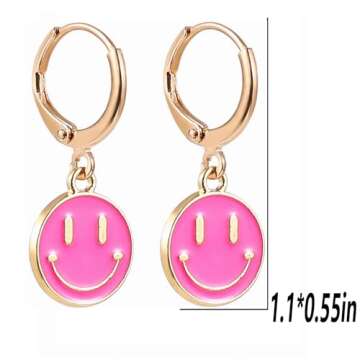 Smiley Face Earrings Huggie Hoop Y2K Preppy Happy Lightning Bolt Heart Star Small Dangle Colorful Go...