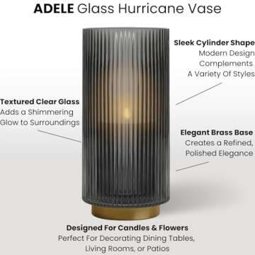 Torre & Tagus Adele Smoke Gray Glass Vase with Gold Metal Base - Premium 10 Inch Glass Cylinder Vase for Decor & Ribbed Glass Vase for Flowers, Light Black and Gold Decor for Table Centerpiece