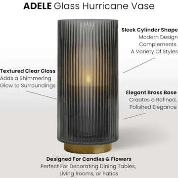Torre & Tagus Adele Smoke Gray Glass Vase with Gold Metal Base - Premium 10 Inch Glass Cylinder Vase for Decor & Ribbed Glass Vase for Flowers, Light Black and Gold Decor for Table Centerpiece