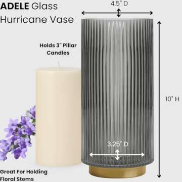 Torre & Tagus Adele Smoke Gray Glass Vase with Gold Metal Base - Premium 10 Inch Glass Cylinder Vase for Decor & Ribbed Glass Vase for Flowers, Light Black and Gold Decor for Table Centerpiece