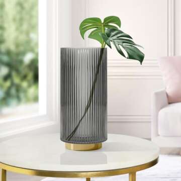 Torre & Tagus Adele Smoke Gray Glass Vase with Gold Metal Base - Premium 10 Inch Glass Cylinder Vase for Decor & Ribbed Glass Vase for Flowers, Light Black and Gold Decor for Table Centerpiece