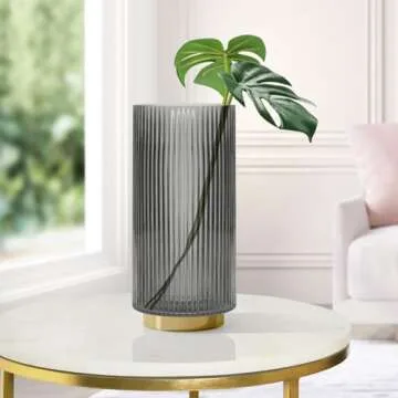 Torre & Tagus Adele Smoke Gray Glass Vase with Gold Metal Base - Premium 10 Inch Glass Cylinder Vase for Decor & Ribbed Glass Vase for Flowers, Light Black and Gold Decor for Table Centerpiece