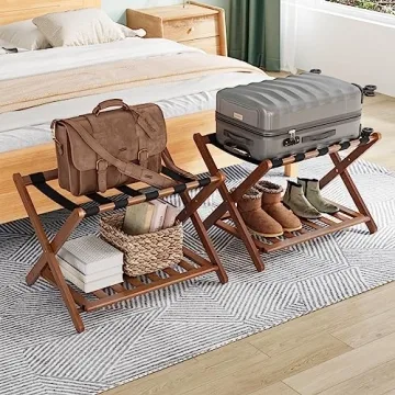 Smuxee Elegant Bamboo Luggage Racks - Pack of 2, Fully Assembled, Foldable Suitcase Stand with Shelf