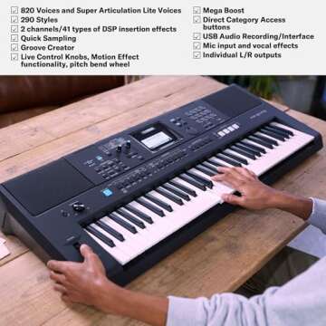 Yamaha, 61-Key Touch-Sensitive Advanced Portable Keyboard with Power Adapter, (PSRE473)