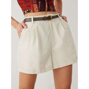 CIDER High Waist Belted Wide Leg Shorts: Beige, M