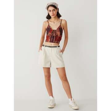 CIDER High Waist Belted Wide Leg Shorts: Beige, M