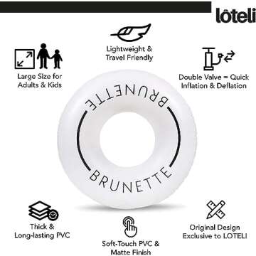LÔTELI Brunette Black and White Pool Float | Minimal Aesthetic Inflatable Swim Ring | Classic Prop for Party, Photo Shoot, Summer Fun & Relaxation | Durable & Easy to Inflate