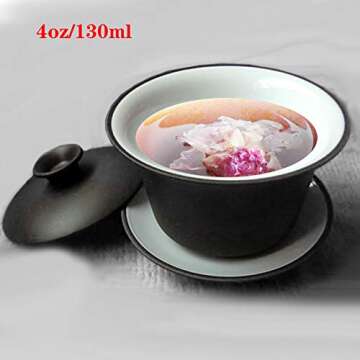 YXHUPOT Gaiwan Teacup Kungfu Tea bowl Zisha Red Clay black 4oz/130ml Cup Sancai Saucers (Black white)