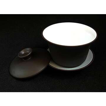 YXHUPOT Gaiwan Teacup Kungfu Tea bowl Zisha Red Clay black 4oz/130ml Cup Sancai Saucers (Black white)
