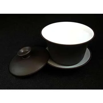 YXHUPOT Gaiwan Teacup Kungfu Tea bowl Zisha Red Clay black 4oz/130ml Cup Sancai Saucers (Black white)