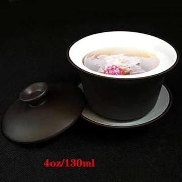 YXHUPOT Gaiwan Teacup Kungfu Tea bowl Zisha Red Clay black 4oz/130ml Cup Sancai Saucers (Black white)