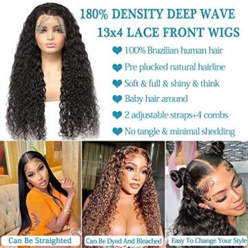 Alsother Deep Wave Lace Front Wigs Human Hair 180% Density 24 Inch 13x4 HD Lace Frontal Human Hair Wigs for Women Glueless Wigs Human Hair Pre Plucked Wet and Wavy Lace Front Wigs Natural Black Color