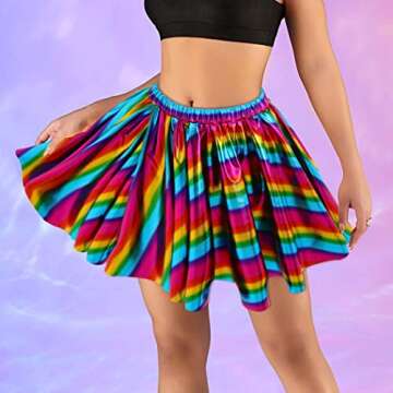 Zoestar Rainbow Rave Mini Skirt Metallic Flared Pleated Skirt Costume Dance Party Skirt for Women