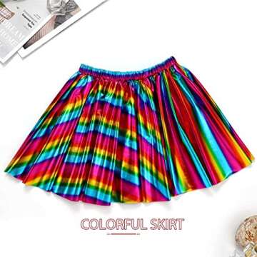 Zoestar Rainbow Rave Mini Skirt Metallic Flared Pleated Skirt Costume Dance Party Skirt for Women