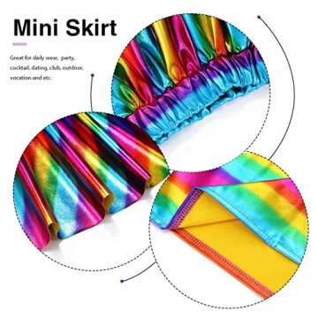 Zoestar Rainbow Rave Mini Skirt Metallic Flared Pleated Skirt Costume Dance Party Skirt for Women