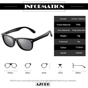 AZorb Kids Polarized Sunglasses TPEE Rubber Flexible Frame for Boys Girls Age 3-8, 100% UV Protection (Black/Blue mirror)