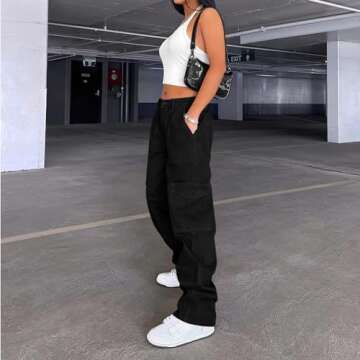 Lepunuo Cargo Pants for Women Baggy Zipper Y2K Pants Light Baggy Jogger Black