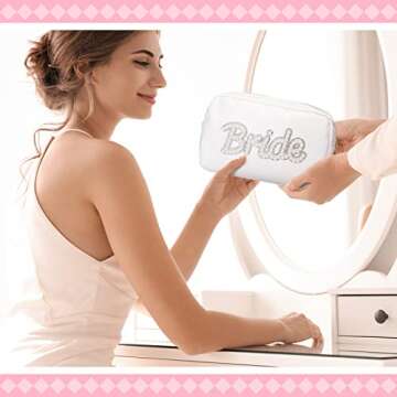 Pinkunn 6 Pcs Bridesmaids Cosmetic Bag Rhinestone Chenille Letter Rose Gold Bride Makeup Bag Proposal Gift Wedding Bridal Shower for Bridesmaid Proposal Box Bachelorette Party Favor(Pearl Letter)