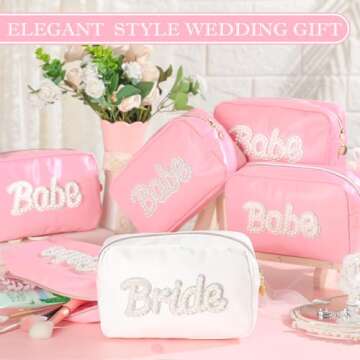 Pinkunn 6 Pcs Bridesmaids Cosmetic Bag Rhinestone Chenille Letter Rose Gold Bride Makeup Bag Proposal Gift Wedding Bridal Shower for Bridesmaid Proposal Box Bachelorette Party Favor(Pearl Letter)