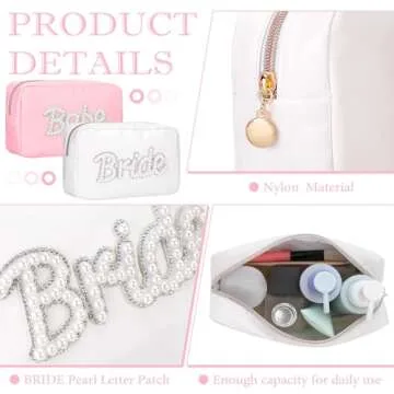 Pinkunn 6 Pcs Bridesmaids Cosmetic Bag Rhinestone Chenille Letter Rose Gold Bride Makeup Bag Proposal Gift Wedding Bridal Shower for Bridesmaid Proposal Box Bachelorette Party Favor(Pearl Letter)