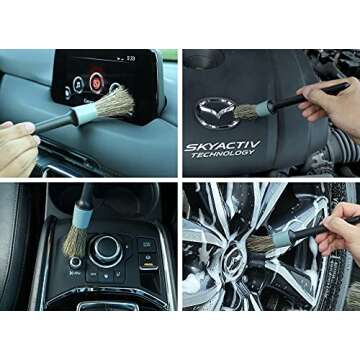 TAKAVU Car Detailing Brush Natural Boar Hair Set, 5pcs Detail Brushes, 3pcs Wire Brush, Air Conditioner Brush & Microfiber Towel for Cleaning Engine, Wheel, Interior, Air Vent, Emblem, Motorcycle