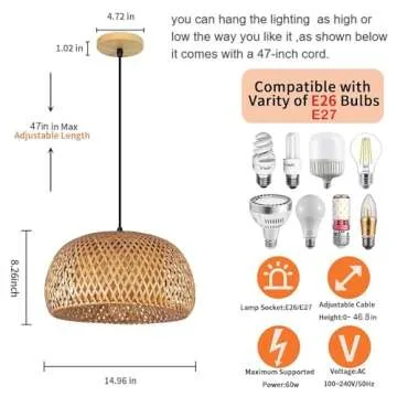 LightInTheBox Woven Bamboo Pendant Light Farmhouse Boho Chandelier Rattan Hanging Light Fixture Dome Shape Ceiling Light for Dining Room Kitchen Island Living Room Bedroom