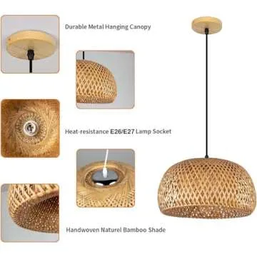 LightInTheBox Woven Bamboo Pendant Light Farmhouse Boho Chandelier Rattan Hanging Light Fixture Dome Shape Ceiling Light for Dining Room Kitchen Island Living Room Bedroom