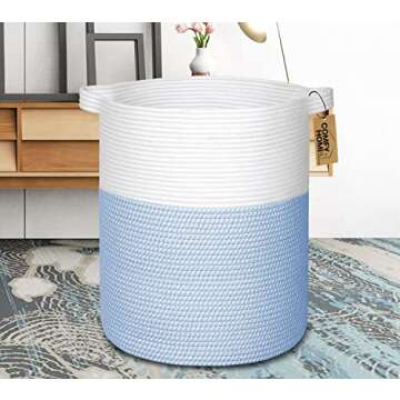 COMFY-HOMI XXL Large Laundry Basket with Handles Blanket Baskets Living Room|Woven Cotton Rope Decorative Basket Laundry Hamper Baby Basket Nursery Dog Toy Storage Organizer Bin-16”x18”-White/Blue