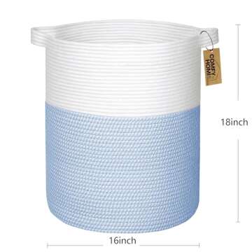 COMFY-HOMI XXL Large Laundry Basket with Handles Blanket Baskets Living Room|Woven Cotton Rope Decorative Basket Laundry Hamper Baby Basket Nursery Dog Toy Storage Organizer Bin-16”x18”-White/Blue