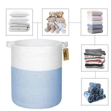 COMFY-HOMI XXL Large Laundry Basket with Handles Blanket Baskets Living Room|Woven Cotton Rope Decorative Basket Laundry Hamper Baby Basket Nursery Dog Toy Storage Organizer Bin-16”x18”-White/Blue