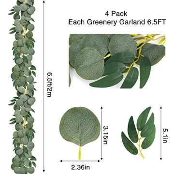 COCOBOO 4 Pack 6.5 Feet Artificial Eucalyptus Garland with Willow Leaves, Fake Greenery Garland with Silver Dollar for Mantle Wedding Table Runner Decoration Indoor Outdoor Decor