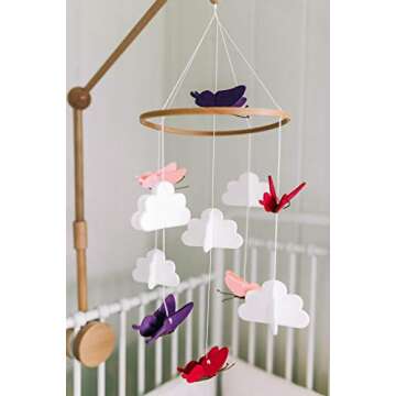 Sorrel + Fern Baby Crib Mobile - Butterflies in The Clouds Nursery Crib Decoration for Girls & Boys - Pink & Purple
